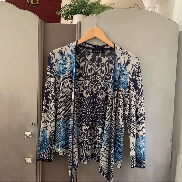 Zozo Sweaters - Zozo Blue Patterned Embroidered Women's Open Front Knit Sweater